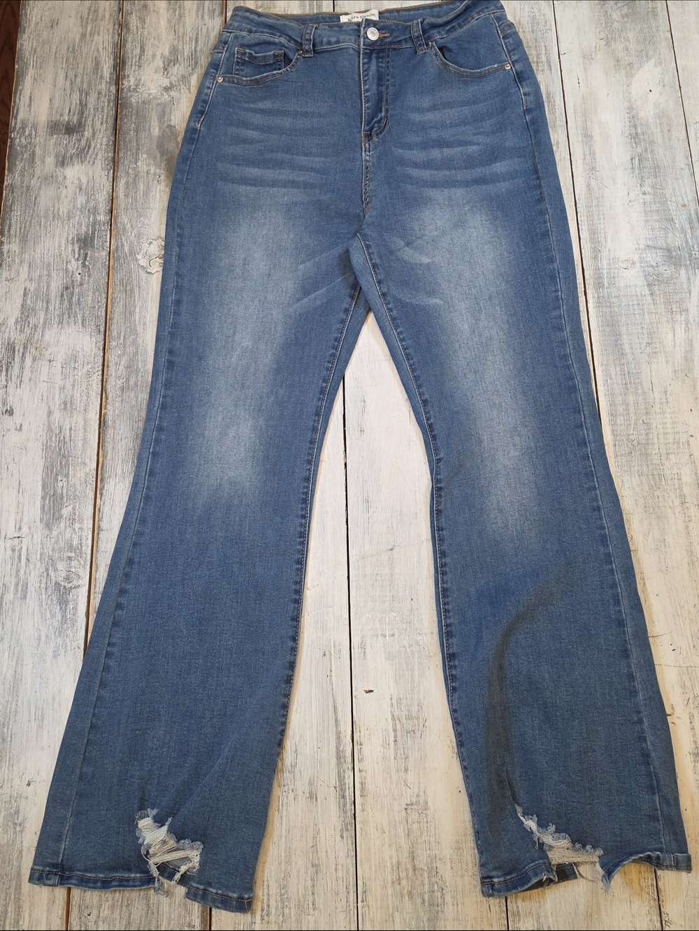 Kaya Women's Classic Mid Blue Flare Jeans with Distressed Hem sz XL
